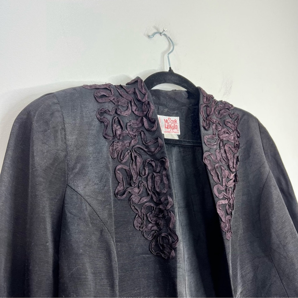 Vintage 80s Mister Leonard black applique cropped open front jacket blazer M - Picture 6 of 13